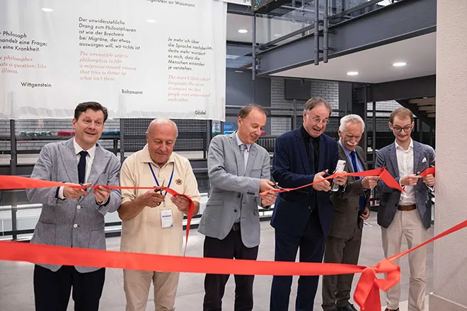 The exhibition is officially opened (left to right: Vice-Rector Jean-Robert Tyran, Vice-Rector Branislav Boričić, Rector Vladan Đokić, Professor Friedrich Stadler, Professor Karl Sigmund, Dr. Adrien Feix). Photo: Faculty of Economics and Business, University of Belgrade
