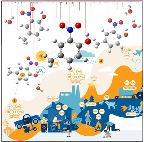 Illustration of molecules above a landscape