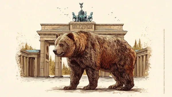 A drawing of a brown bear in front of Berlin's Brandenburg Gate